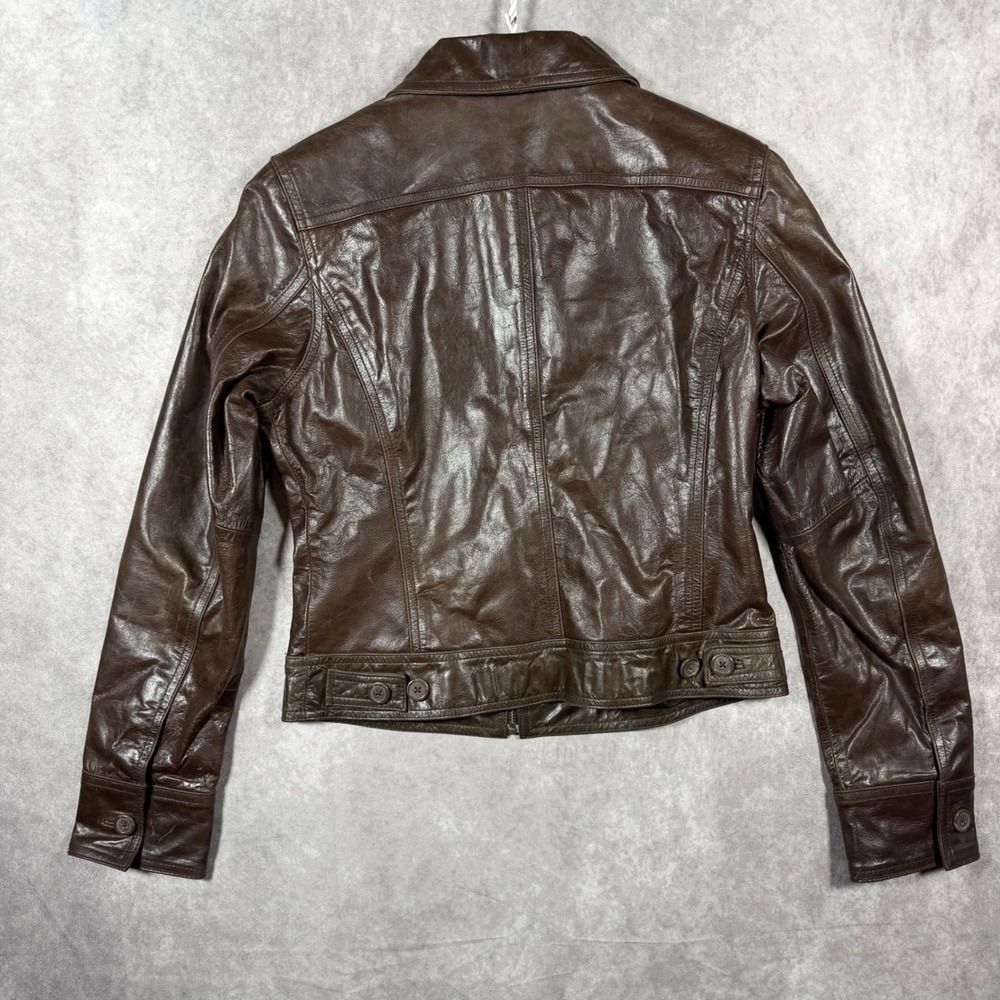 VTG Y2k 2002 Mossimo Womens Small Brown Faux Leather Cropped Moto Trucker Jacket - Picture 2 of 11